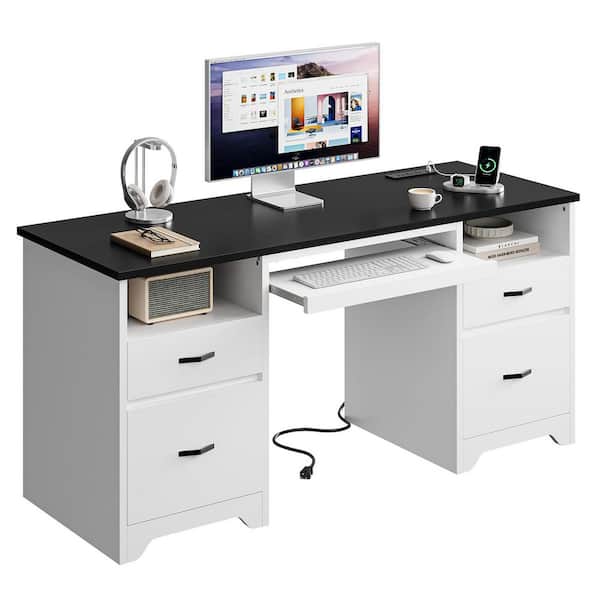 59 in. Rectangular Black White Computer Desk with Drawers and Power Outlet, Home Office Desk with Keyboard Tray