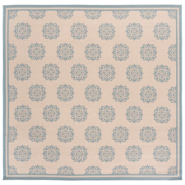 Linden Aqua/Cream 7 ft. x 7 ft. Border Multi-Florals Indoor/Outdoor Square Area Rug