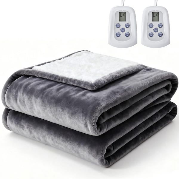 Gray Flannel Sherpa Fabric Queen Electric Blanket with Dual Zone Control, 10-Heat Settings and Auto-Off