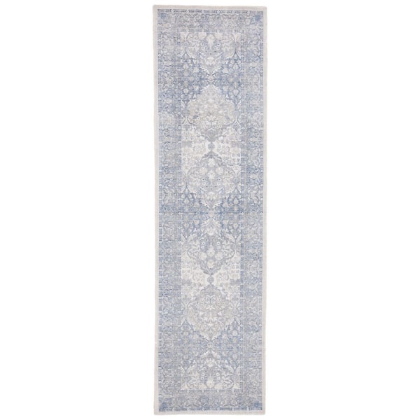 Restoration Vintage 2 ft. x 9 ft. Ivory/Blue Ornate Border Runner Rug