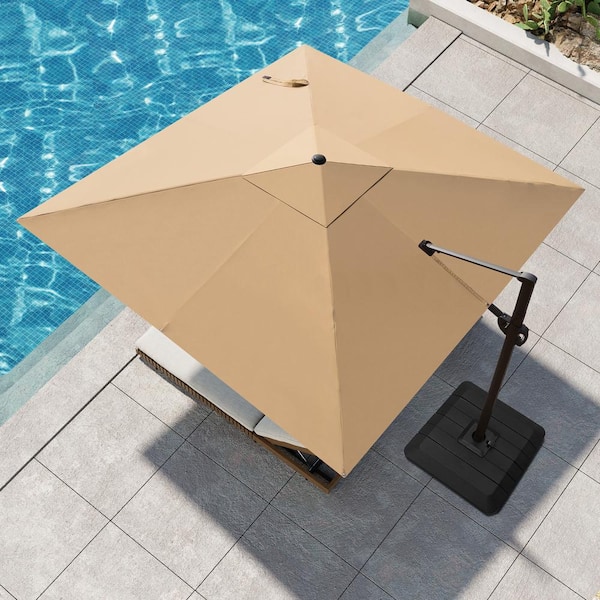 11 ft. Square Aluminum Heavy Duty Offset Cantilever Patio Umbrella in Tan with Stand Weights for Deck Pool Garden
