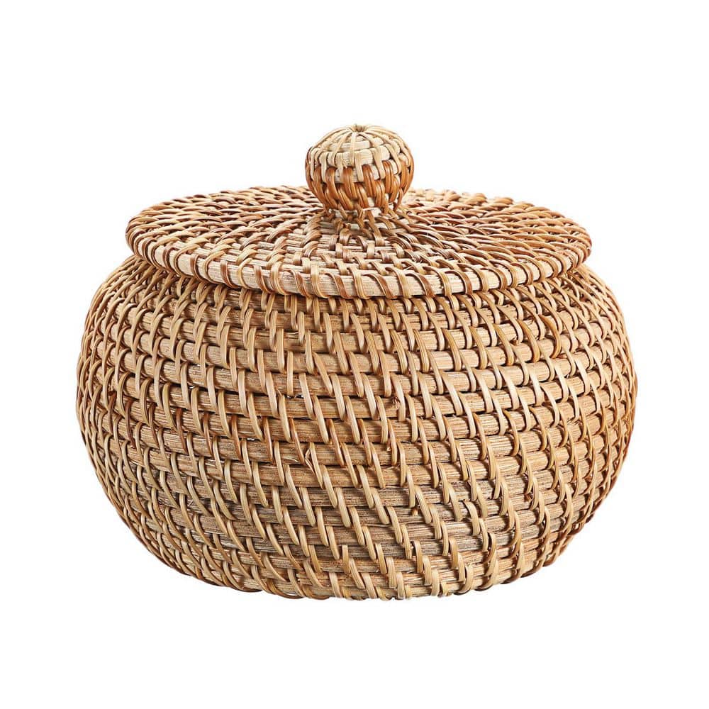 1 Piece Round Rattan Basket With Lid, Hand-Woven Wicker Storage Basket for Fruit Bread, Decorative Basket Box for Home price history on PriceWatchPro