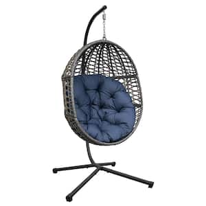 37 in. Width x 78 in. Height Brown Wicker Porch Swing Egg Chair with Stand and Navy Blue Cushion for Garden