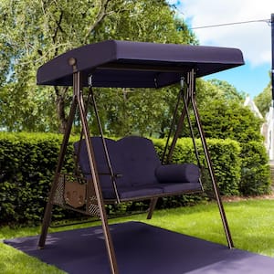 2-Person Steel Metal Patio Swing with Foldable Side Table, Canopy and Cushions, Navy Blue
