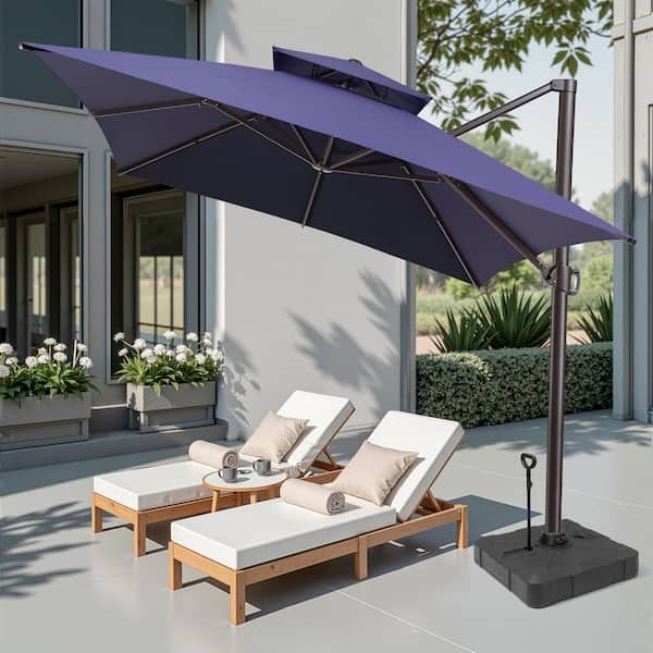 Pellebant 2-Tier 12.5 ft. x 10 ft. Aluminum Heavy-Duty Tilt 360° Rotation Cantilever Patio Umbrella in Navy Blue, 300 lbs. Base