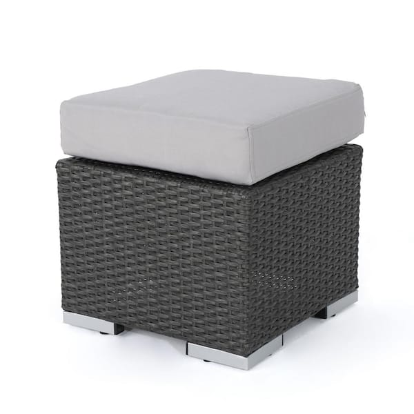 Angel Sar 16.3 in. L x 16.3 in. W x 12.5 in. H Gray Wicker Outdoor Ottoman with Silver Gray Cushion