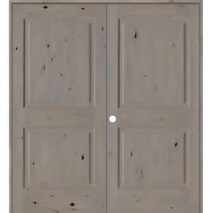 60 in. x 80 in. Rustic Knotty Alder 2-Panel Right Handed Grey Stain Wood Double Prehung Interior Door with Arch Top