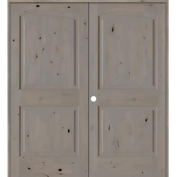 Krosswood Doors 60 in. x 80 in. Rustic Knotty Alder 2-Panel Right Handed Grey Stain Wood Double Prehung Interior Door with Arch Top