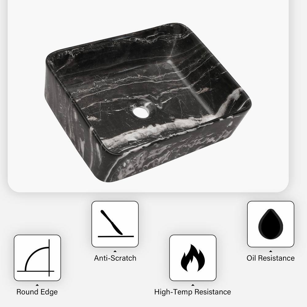 Black and Gray Marble Ceramic Rectangular Vessel Sink