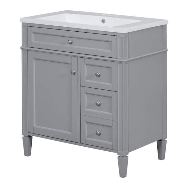 Dimakai 30 in. W x 18 in. D x 33 in. H Single Sink Freestanding Grey Bath Vanity with White Ceramic Top and Tip-out Drawer