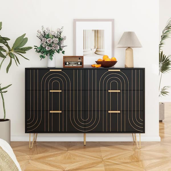 Noble House Mylora Black + Gold Modern 6-Drawer 47.24 in. W Chest of Drawers with Metal Handles