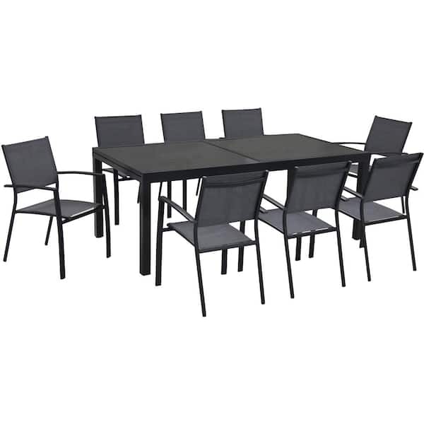 Cambridge Nova 9-Piece Dining Set w/ Expandable Table, 8 Sling Stackable Chairs, Modern Outdoor, Weather-Resistant Aluminum Frames