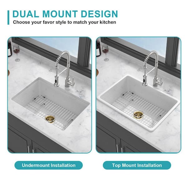 JimsMaison 27 in. Drop-In/Undermount Single Bowl Fireclay White