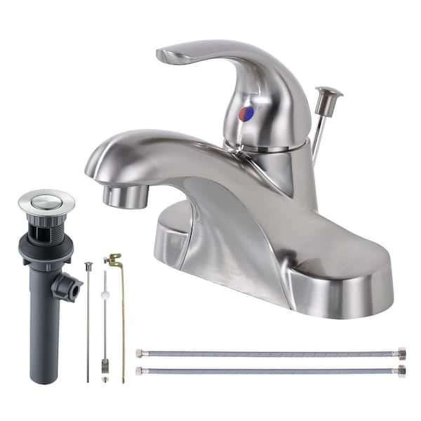 4 in. Centerset Single Handle Low Arc Bathroom Faucet with Drain Kit Included in Brushed Nickel