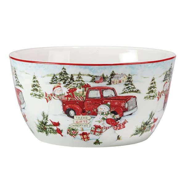 Certified International Red Truck Snowman 10 in. 104 fl.oz. Multi-Colored Earthenware Serving Bowl
