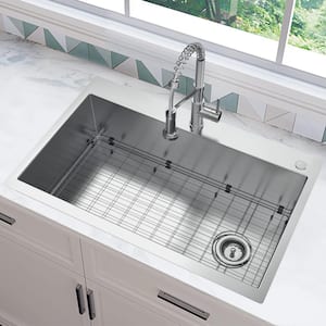 Professional 36 in. Drop-In Single Bowl 16 Gauge Stainless Steel Kitchen Sink with Spring Neck Faucet