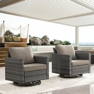 Gray Swivel Wicker Outdoor Rocking Chair with Gray Cushions and Glide Function (2-Pack)