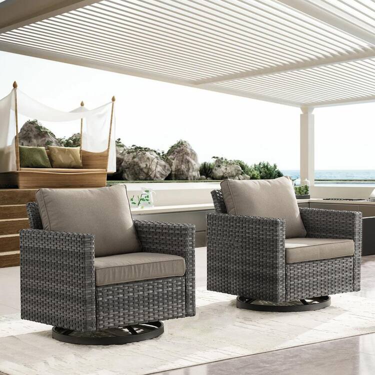 moosprr Gray Swivel Wicker Outdoor Rocking Chair with Gray Cushions and Glide Function (2-Pack)