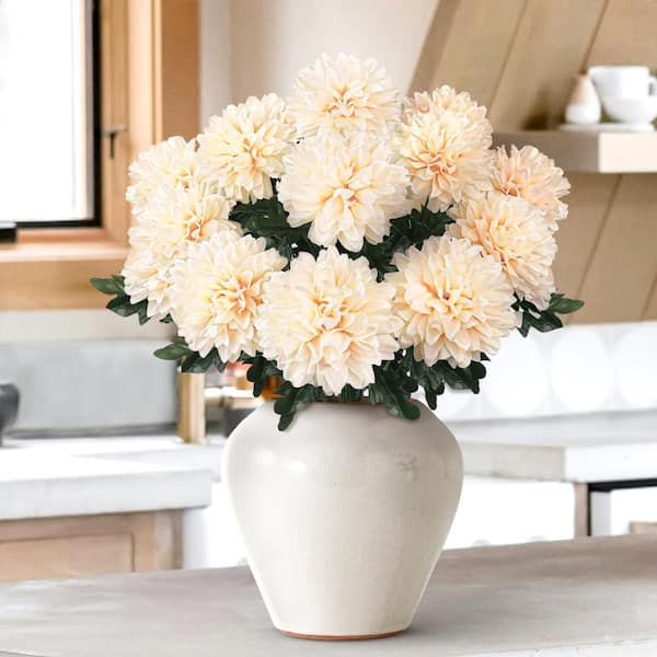 22 in. Champagne Ivory Artificial Ball Mum Pom Pom Flower Stem Bush Bouquet (Set of 2)