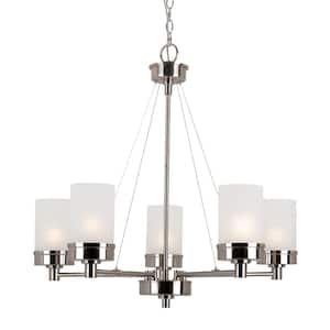 Fusion 5-Light Brushed Nickel Chandelier Light Fixture with Frosted Glass Shades