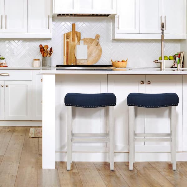 Jameson 29 in. Bar Height Antique White Wood Backless Barstool with Navy Blue Upholstered Linen Saddle Seat (Set of 2)