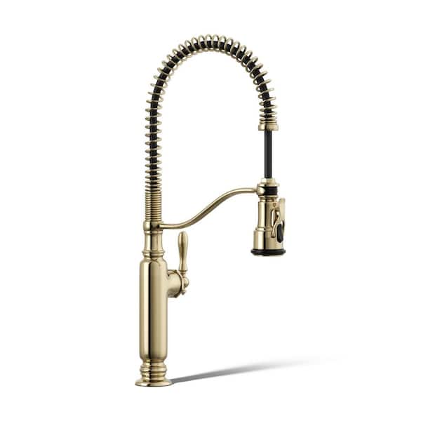 Tournant Single Handle Semi-Professional Kitchen Sink Faucet with 3-Function Sprayhead in Vibrant French Gold
