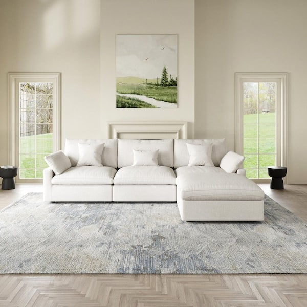 119 in. Square Arm Linen 4-Piece Oversized L-Shaped Cloud Modular Sectional Sofa with Ottoman, Washable Covers in. White