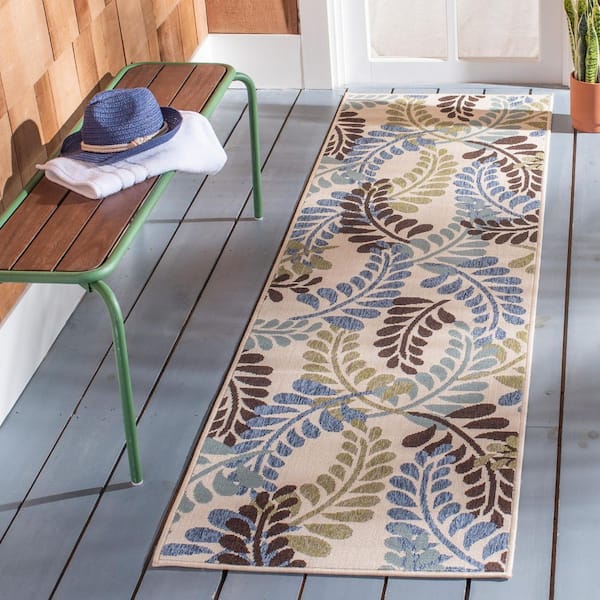 Veranda Cream/Aqua 2 ft. x 8 ft. Oversized Leaves Indoor/Outdoor Runner Rug