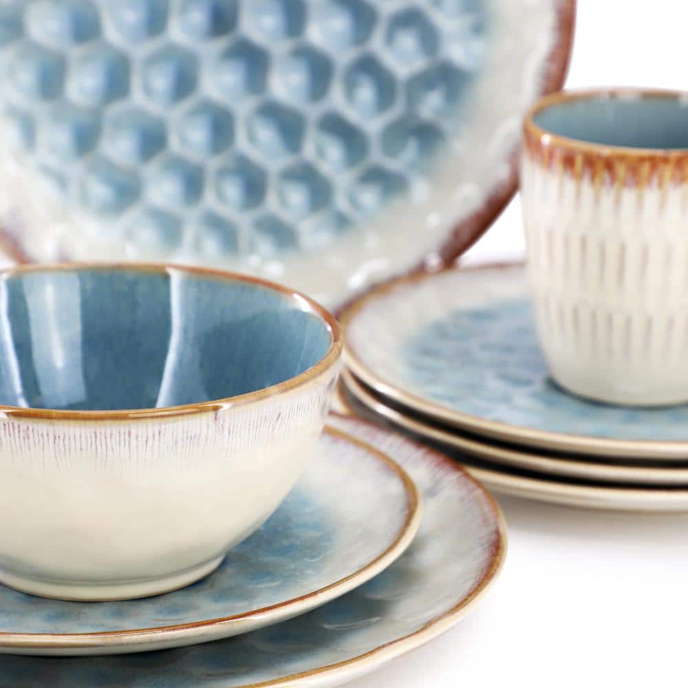 Leann 16 Piece Beige and Blue Ceramic Dinnerware Set