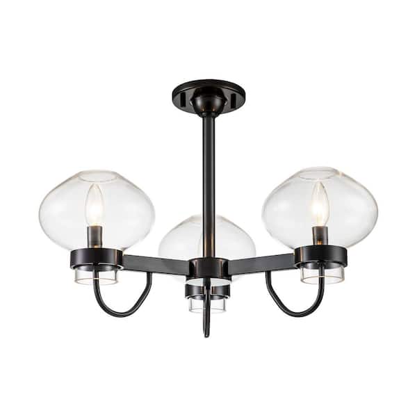 RRTYO Upper 23.2 in. 3-Light Black Transitional Sputnik Glass Bubble Semi-Flush Mount with Clear Glass for Living/Dining Room