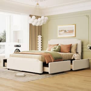 Beige Wood Frame Queen Upholstered Platform Bed with Stud Trim Headboard and Footboard and 4-Drawers