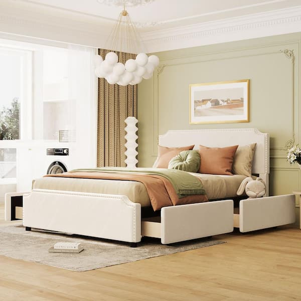 Harper & Bright Designs Beige Wood Frame Queen Upholstered Platform Bed with Stud Trim Headboard and Footboard and 4-Drawers