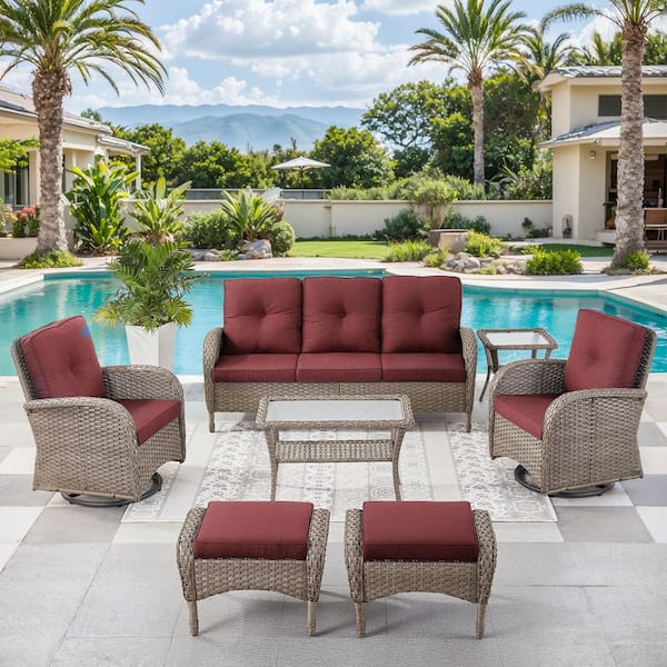 Bellefurn Rotavia 7-Piece Gray Wicker Patio Conversation Set with Olefin Red Cushion, Patio Swivel Glider, Sofa and Ottoman