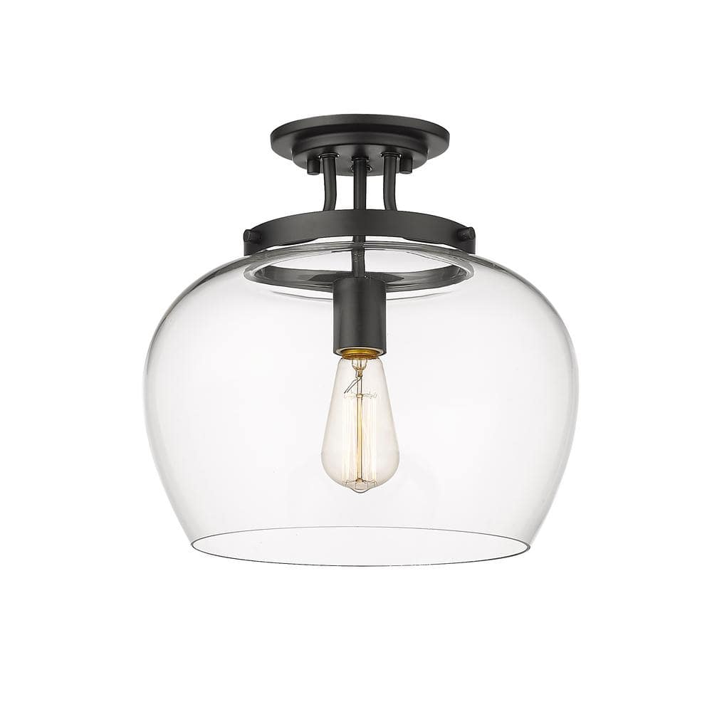 Joliet 13" Matte Black Steel and Glass Semi Flush Mount Light
