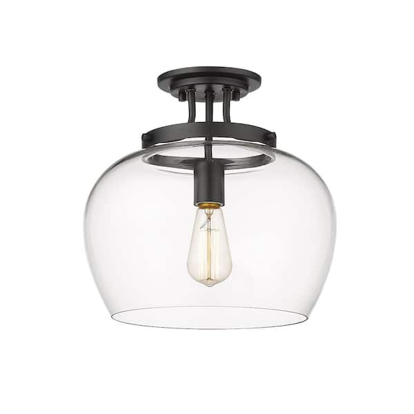 Joliet 13 in. 1-Light Matte Black Semi Flush Mount Light with Glass ...