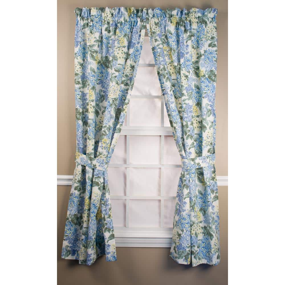 Blue Floral Cotton Rod Pocket Light-Filtering Window Curtains 68" x 54"