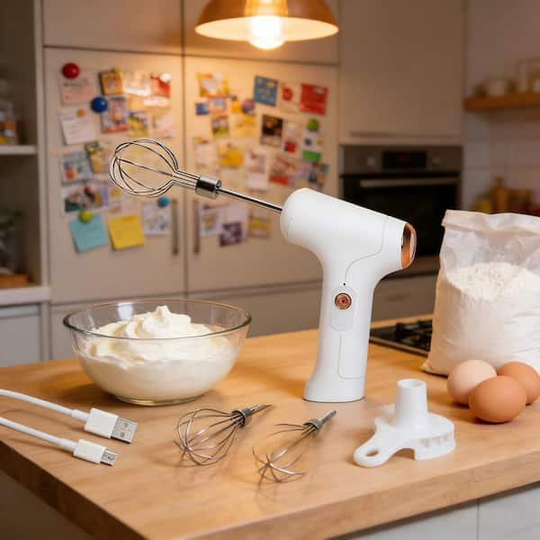 Numhew White Cordless Electric Hand Mixer, 3-Speed Adjustable