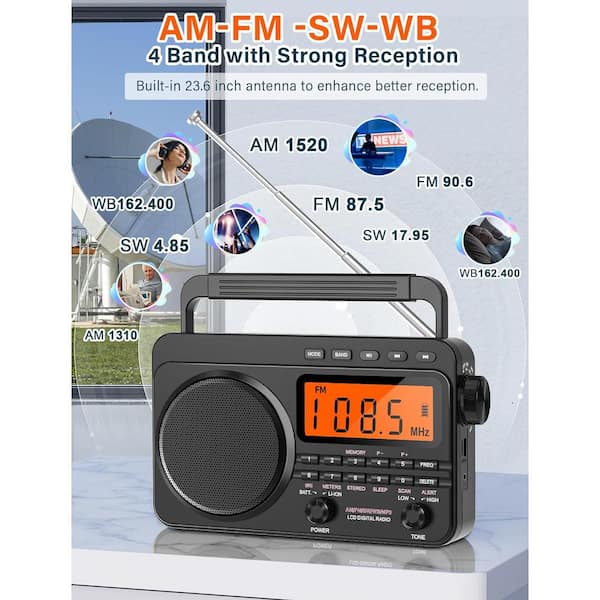 Digital AM/FM/SW Radio With NOAA Weather Alert - 4000mAh Rechargeable Portable Radio With MP3 Player