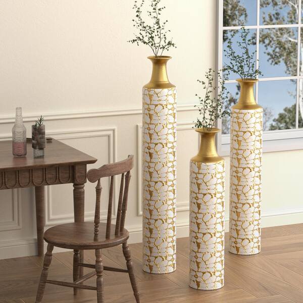Vintage Gold Floor Large Decorative Antique Worn Vases Set