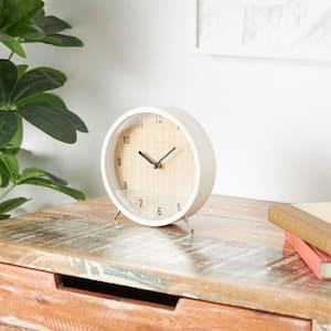 Light Brown Wood Woven Clock with White Frame and Silver Legs