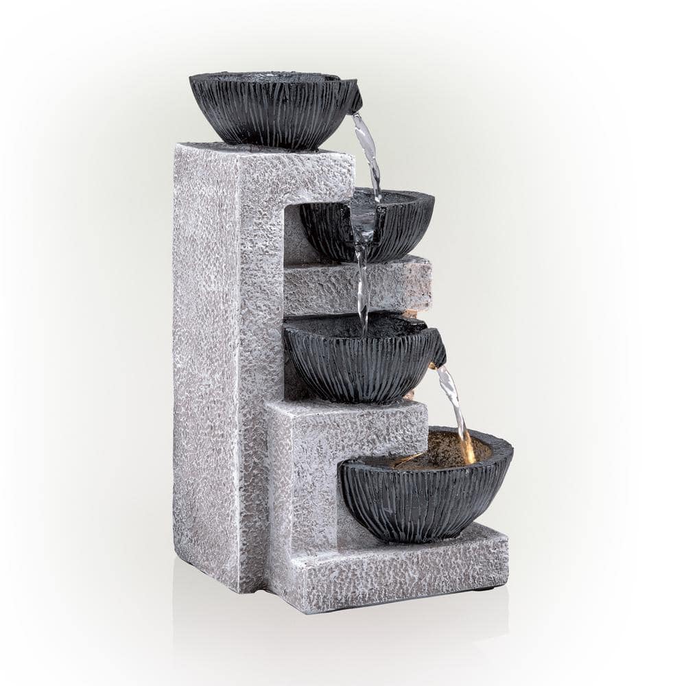 14" Gray Resin Cascading Bowl Tabletop Fountain with LED Lights