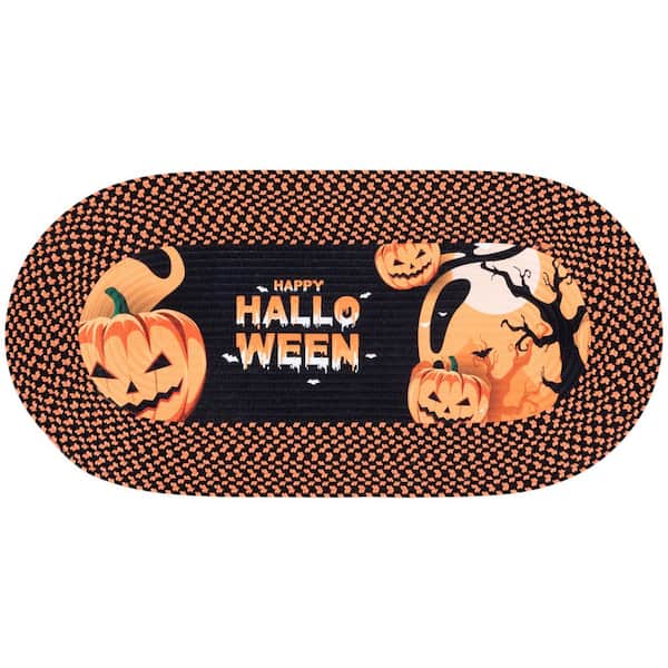 Braided Posters Rust/Black 2 ft. x 4 ft. Machine Washable Happy Halloween Pumpkin Oval Area Rug