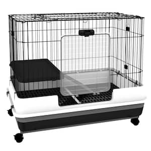 2-Level Small Animal Cage Rabbit Hutch with Wheels, Removable Tray, Platform and Ramp, Black- 32 in. L