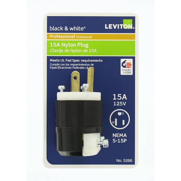 Leviton 15 Amp 125-Volt Straight Plug, Black and White 5266-CS R50