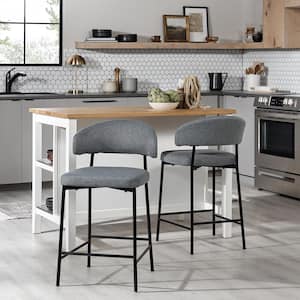 Modern 24 in Charcoal Low Back Metal Counter Stool Chenille Seat, Set of 2