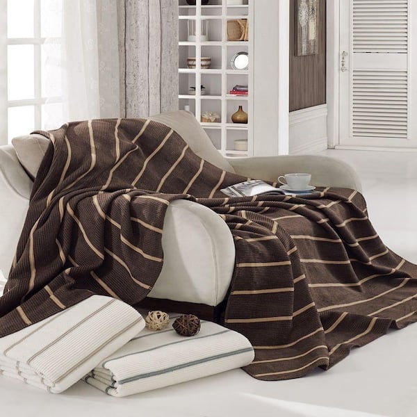 Ottomanson 80 in. W x 90 in. L Dark Brown and Tan Striped Soft Cotton Cozy Fleece Blanket