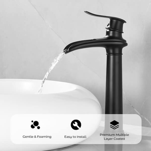 Single Handle Single Hole Bathroom Vessel Sink Faucet, Waterfall Bathroom Sink Faucet with Pop-Up Drain in Matte Black