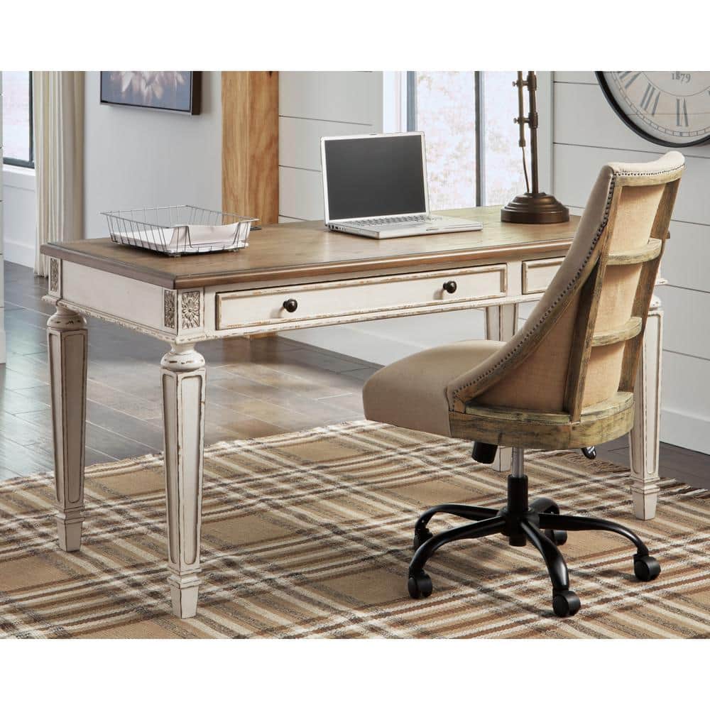 Signature Design by Ashley Realyn 60  Home Office 2 Drawer Desk  White/Brown