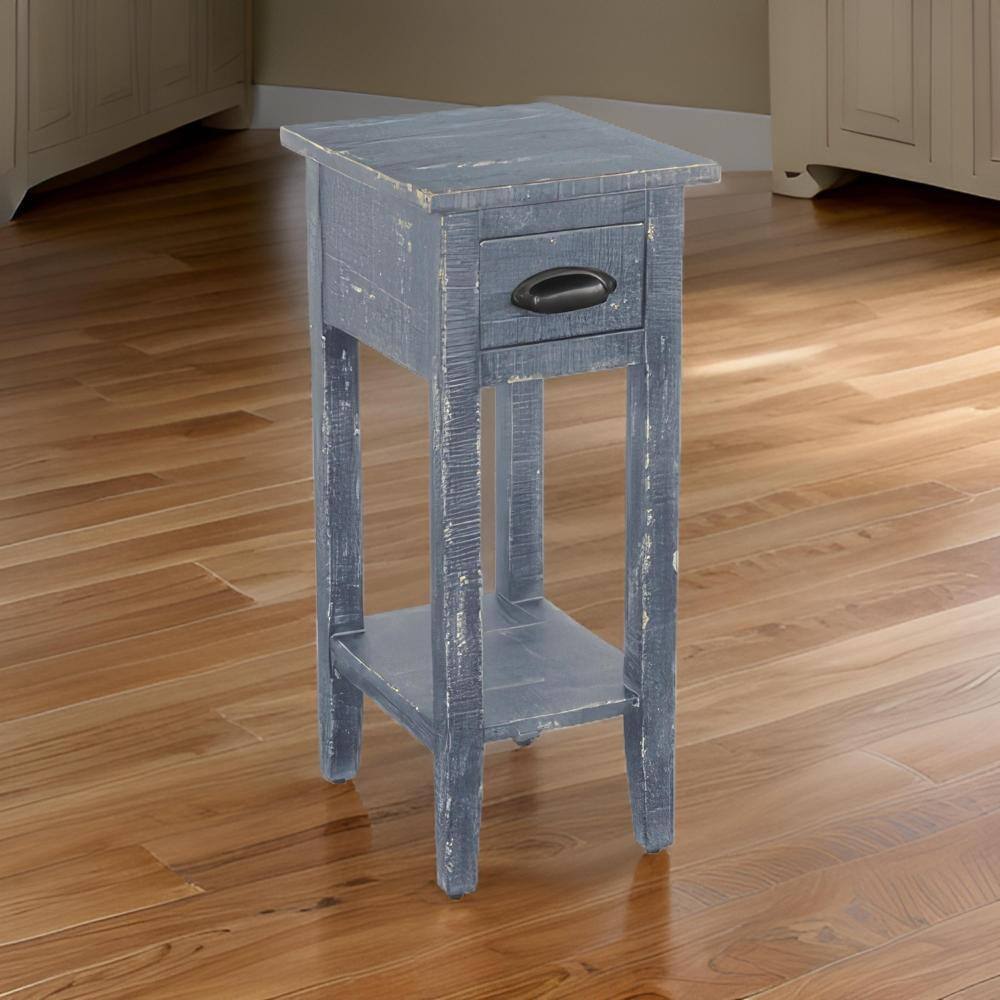 Rena 14" Blue Mahogany Wood Chairside Table with Drawer and Shelf