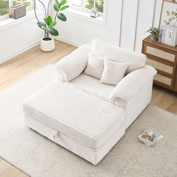 58.66 in. Square Arm Corduroy Rectangle Sofa with USB Ports in White (Seats 1)